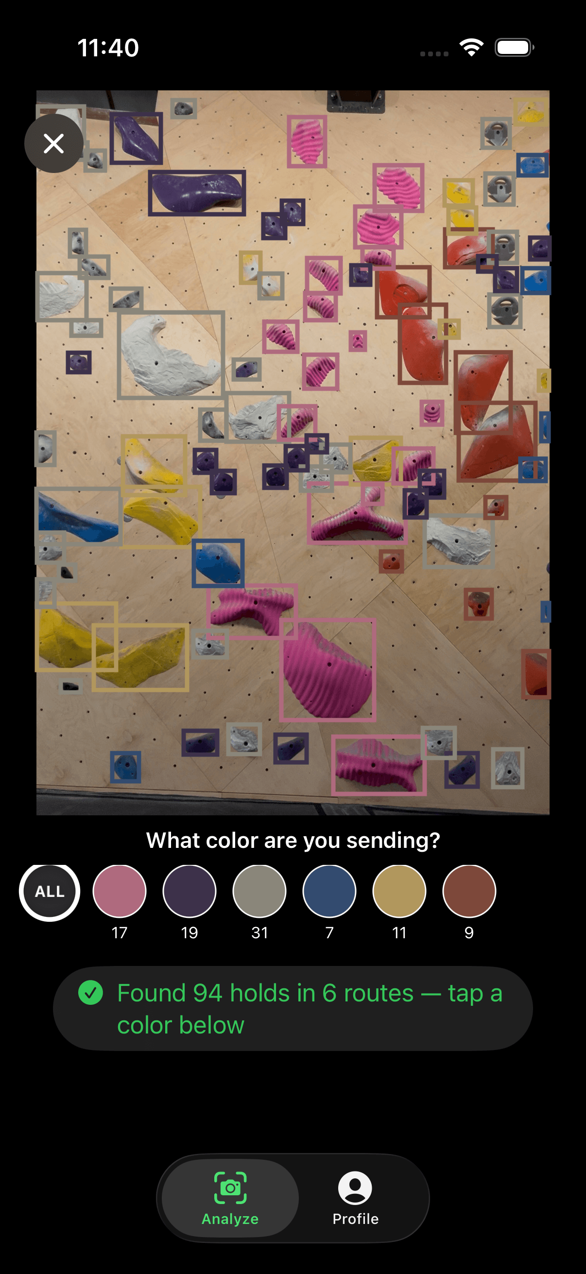Rocky showing a gym wall with 94 detected holds boxed and grouped into 6 route colours