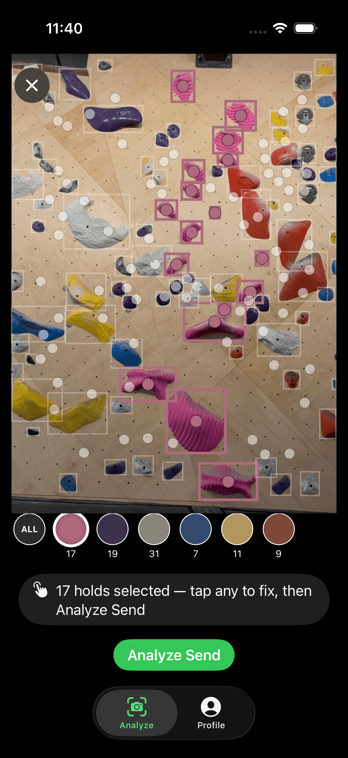 Rocky with the pink route selected: its 17 holds highlighted and ready to correct by tapping